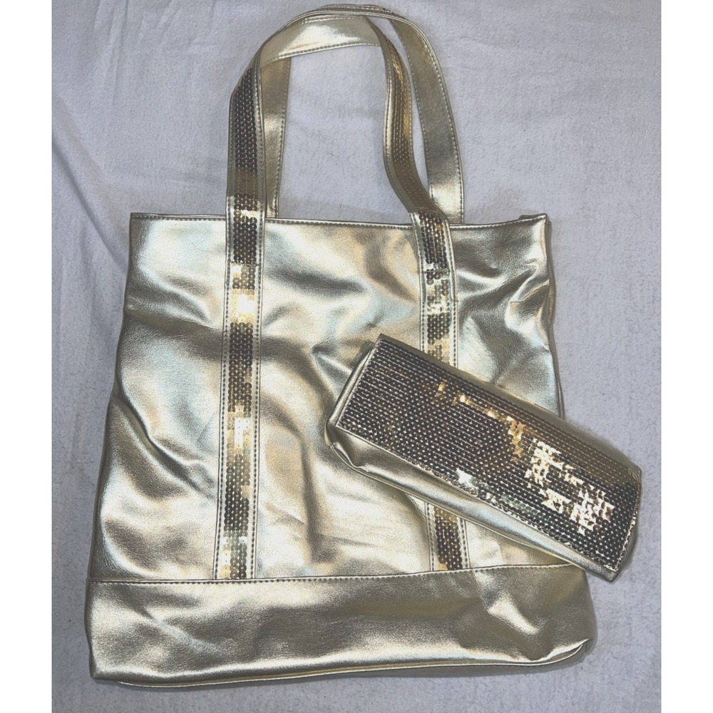 Festive / Party Bag & Purse VTG Tote Bag 2PC Set Gold Metallic Sequins NWOT NEW